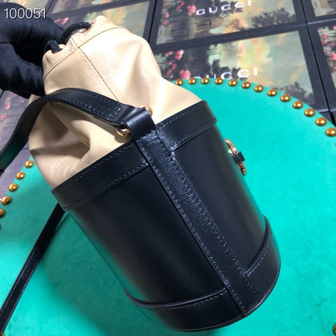 Gucci Horsebit 1955 Small Bucket Bag - Black and Beige Leather
