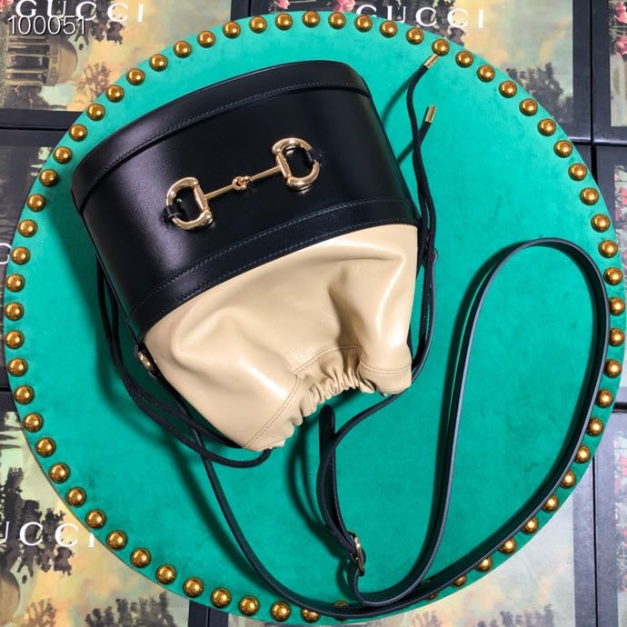 Gucci Horsebit 1955 Small Bucket Bag - Black and Beige Leather