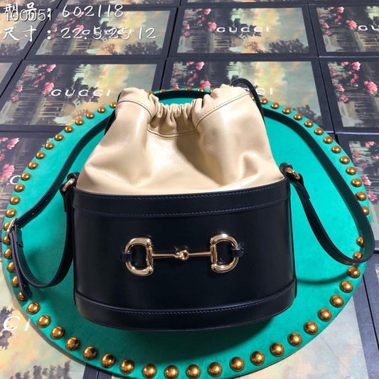 Gucci Horsebit 1955 Small Bucket Bag - Black and Beige Leather