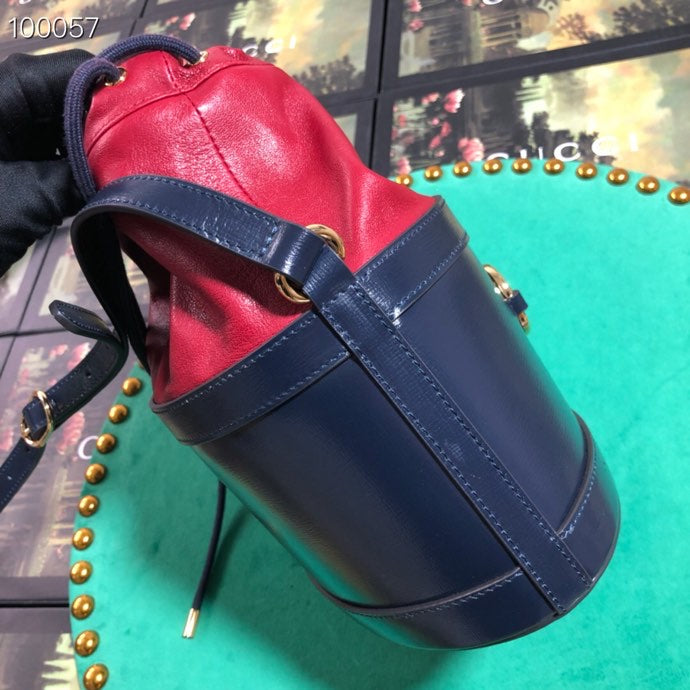 Navy and Red Leather Horsebit 1955 Small Bucket Bag with Gold Hardware