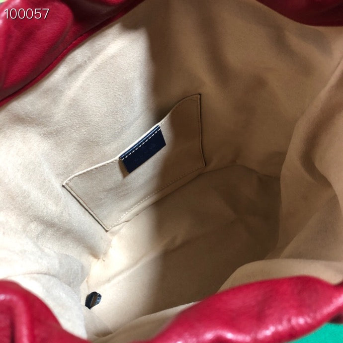 Navy and Red Leather Horsebit 1955 Small Bucket Bag with Gold Hardware