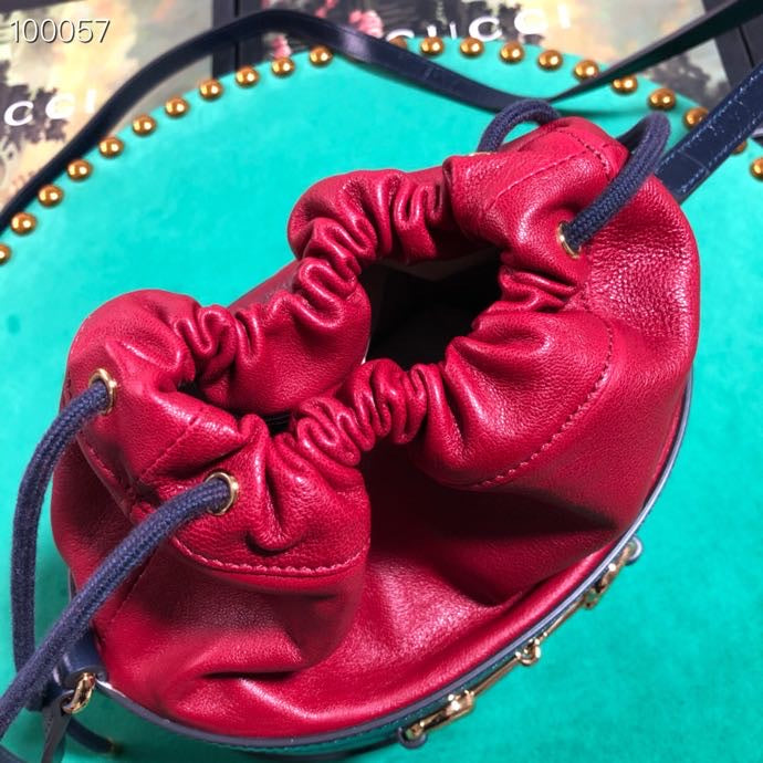 Navy and Red Leather Horsebit 1955 Small Bucket Bag with Gold Hardware
