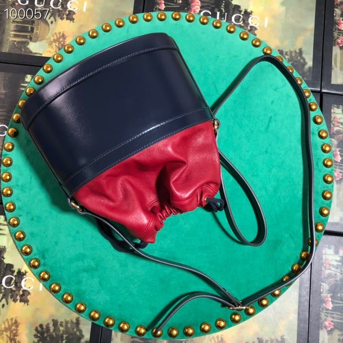 Navy and Red Leather Horsebit 1955 Small Bucket Bag with Gold Hardware