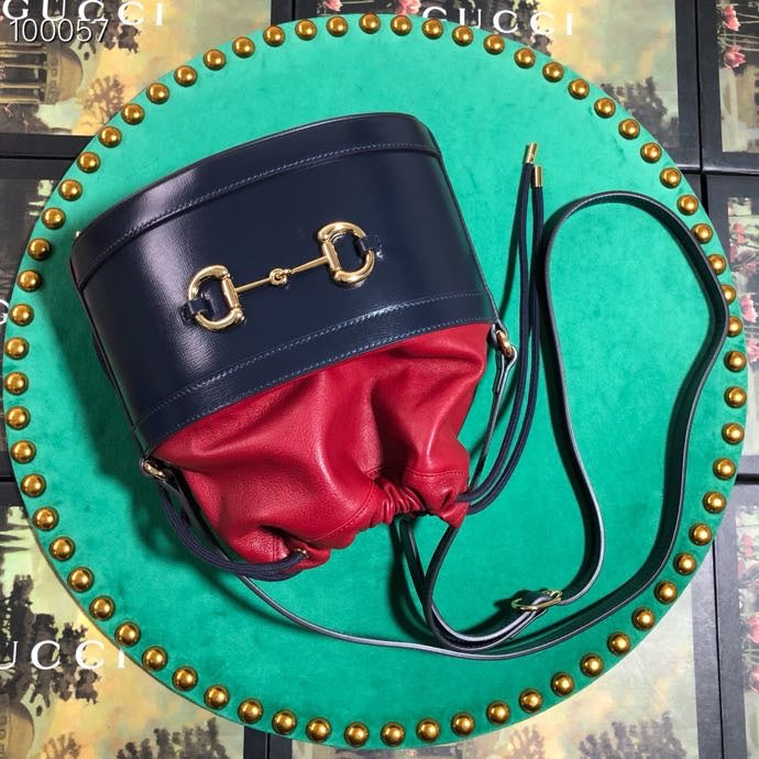 Navy and Red Leather Horsebit 1955 Small Bucket Bag with Gold Hardware