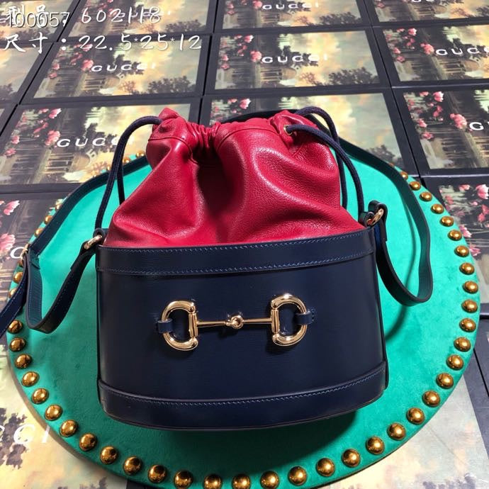 Gucci Navy Blue and Red Leather Drawstring Bucket Bag with Horsebit Detail