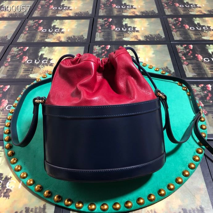 Navy and Red Leather Horsebit 1955 Small Bucket Bag with Gold Hardware