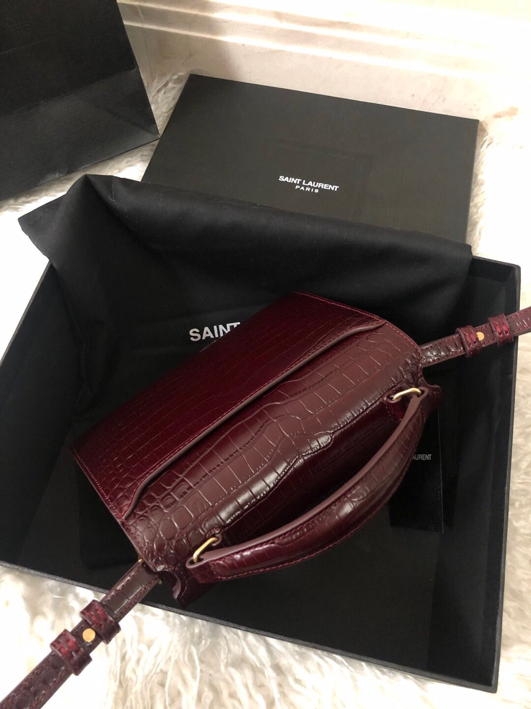Saint Laurent Cassandra Mini Top Handle Bag - Burgundy Crocodile-Embossed Leather