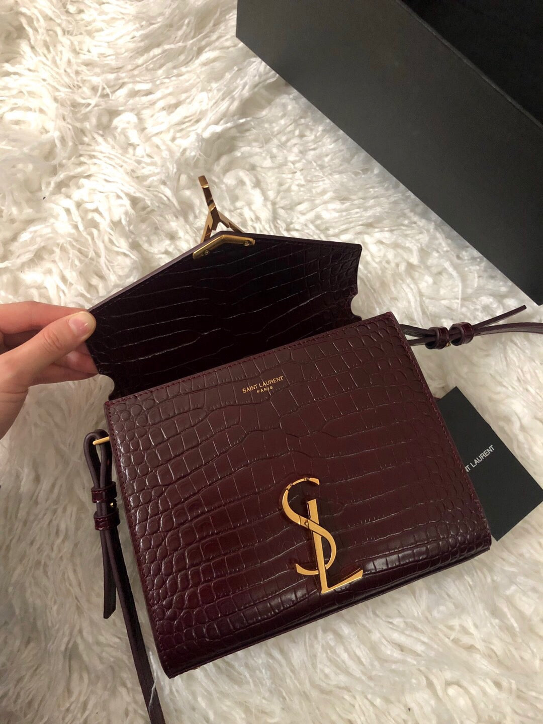 Saint Laurent Cassandra Mini Top Handle Bag - Burgundy Crocodile-Embossed Leather