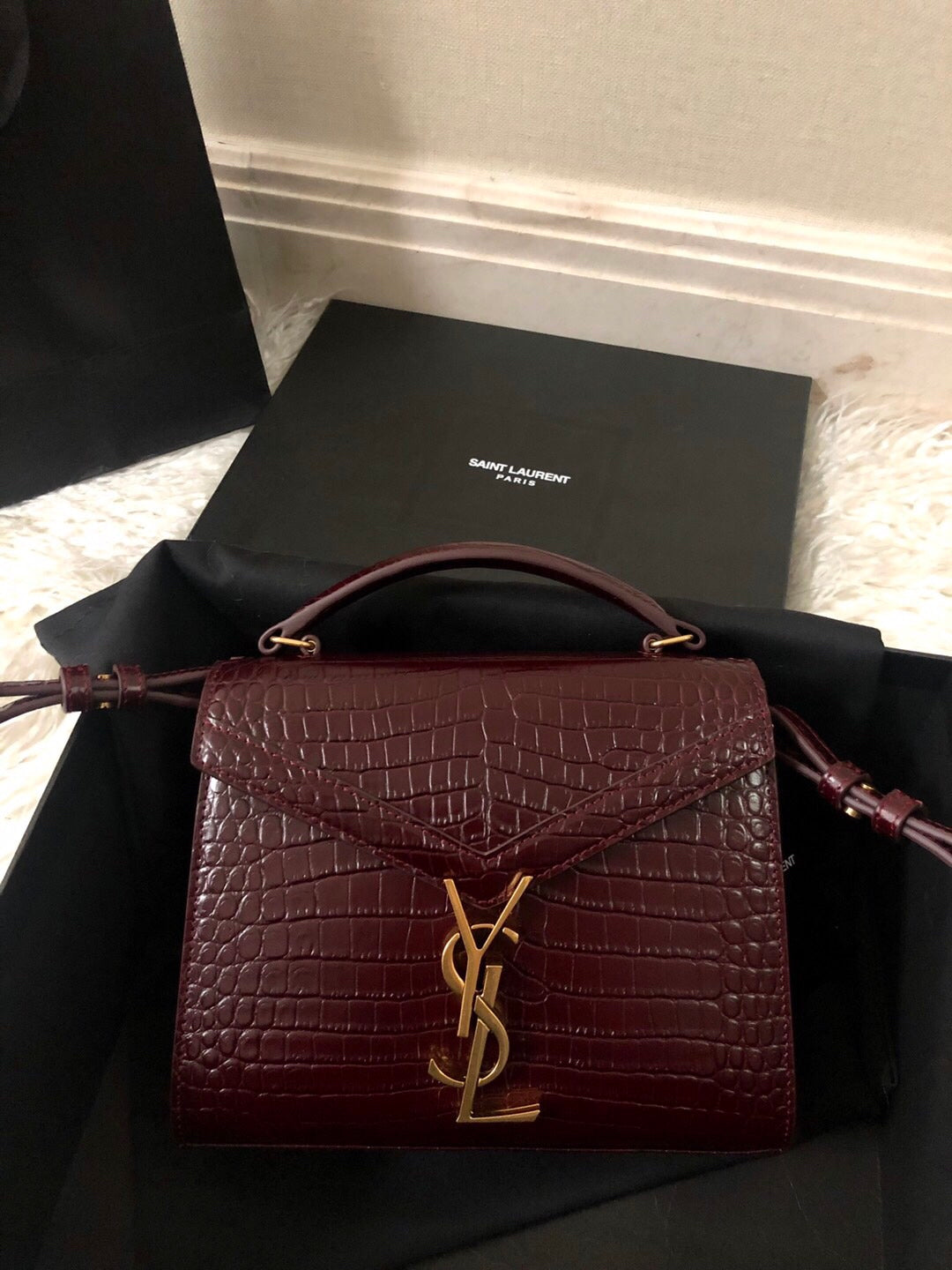 Saint Laurent Cassandra Mini Top Handle Bag - Burgundy Crocodile-Embossed Leather
