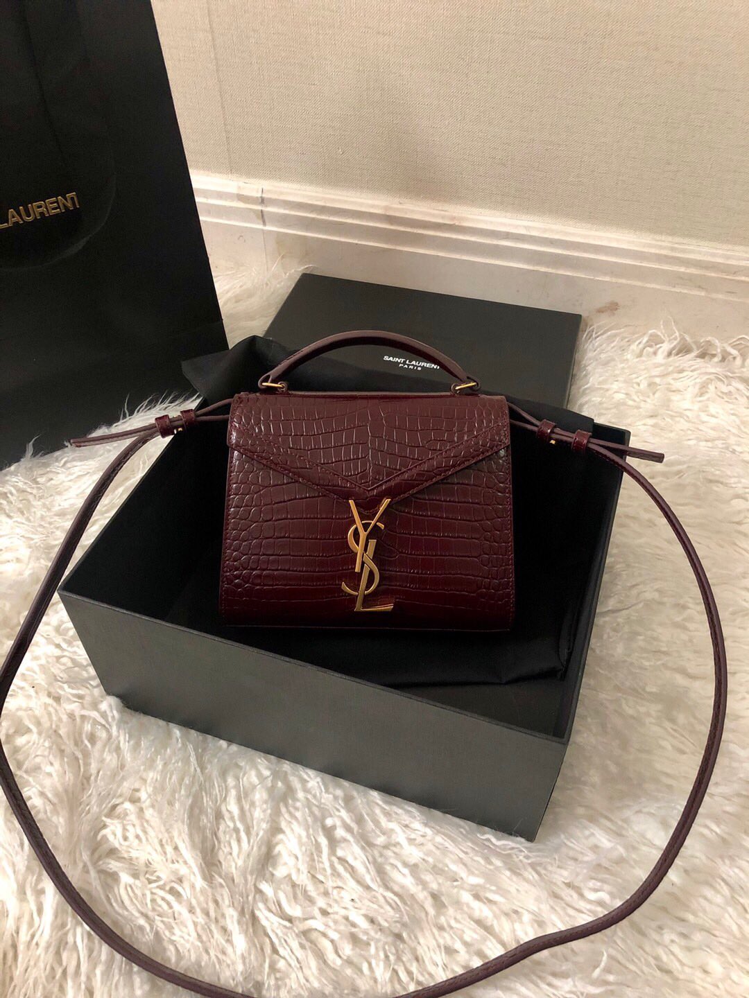 Saint Laurent Cassandra Mini Top Handle Bag - Burgundy Crocodile-Embossed Leather