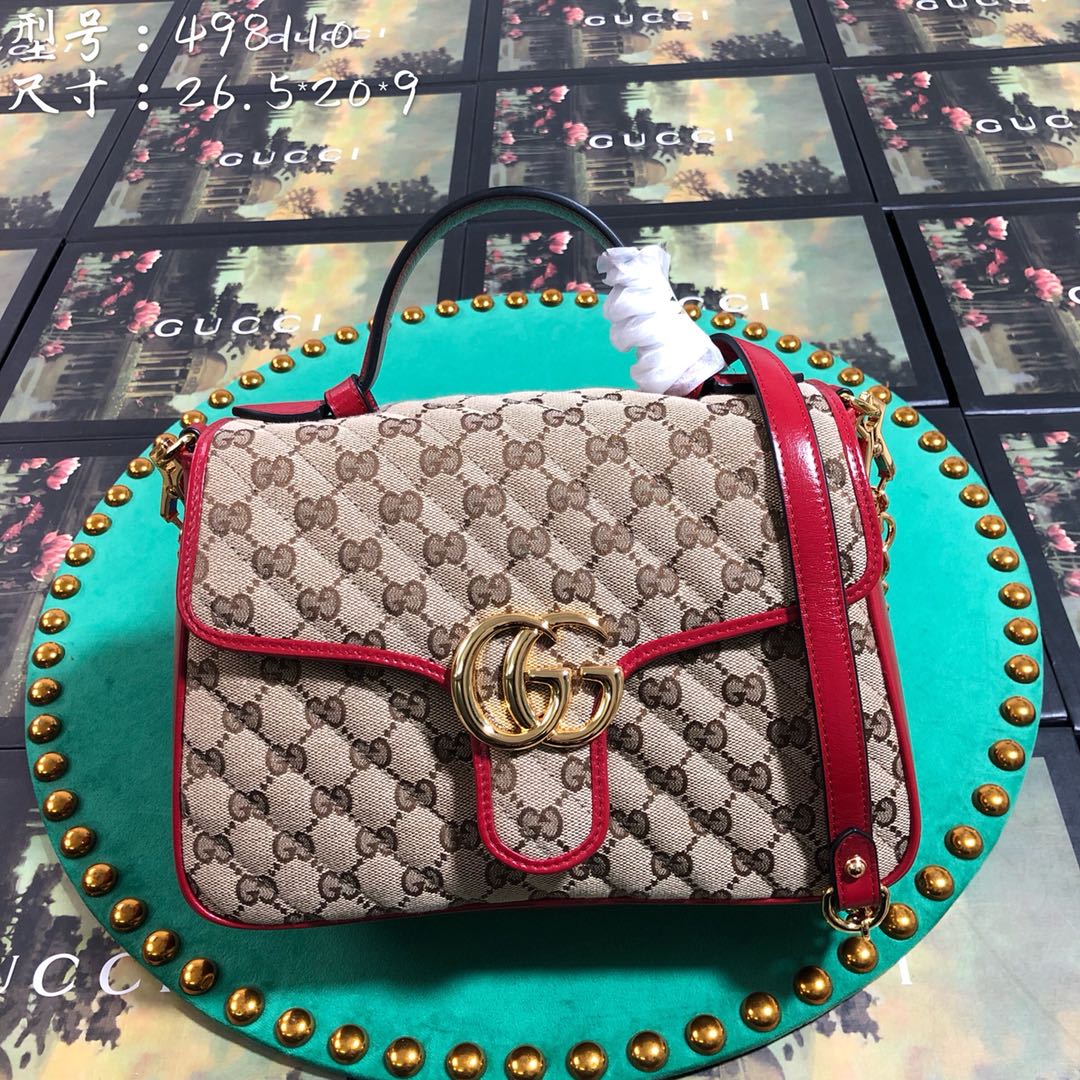 Gucci GG Marmont Small Top Handle Shoulder Bag - Quilted Canvas with Red Trim