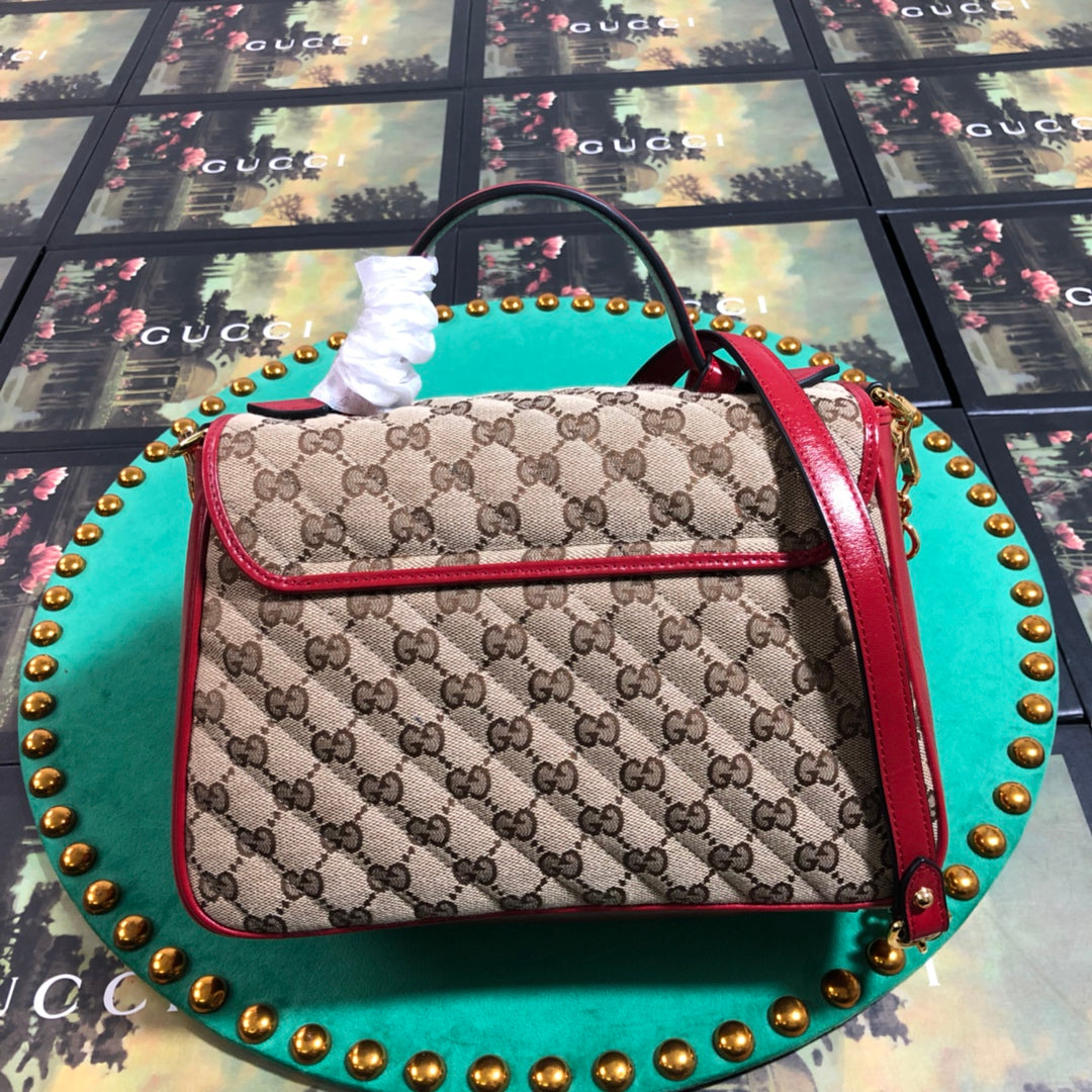 Gucci GG Marmont Small Top Handle Shoulder Bag - Quilted Canvas with Red Trim