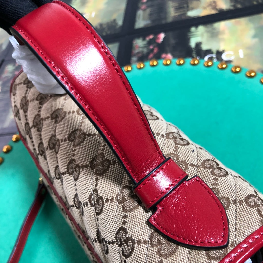Gucci GG Marmont Small Top Handle Shoulder Bag - Quilted Canvas with Red Trim