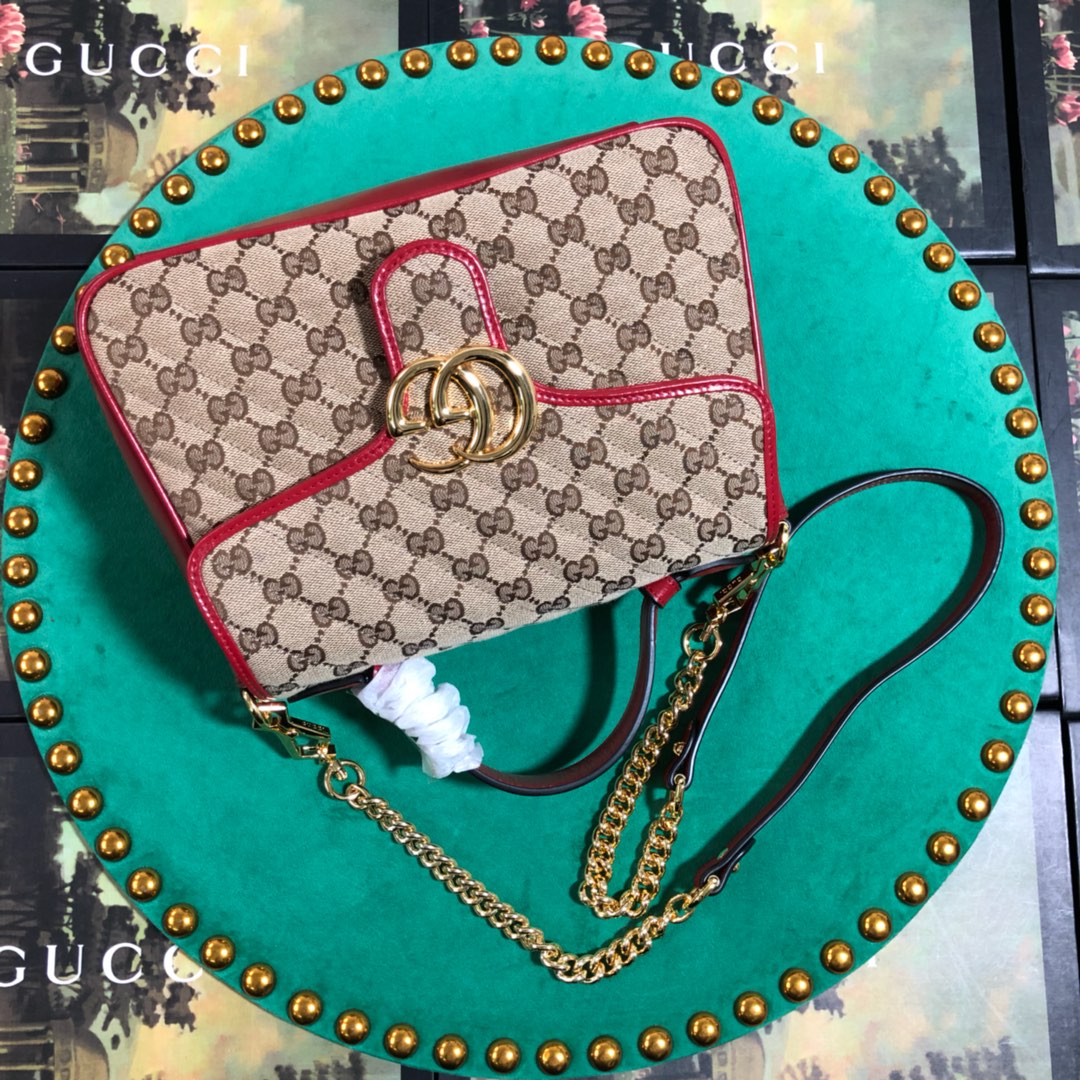 Gucci GG Marmont Small Top Handle Shoulder Bag - Quilted Canvas with Red Trim
