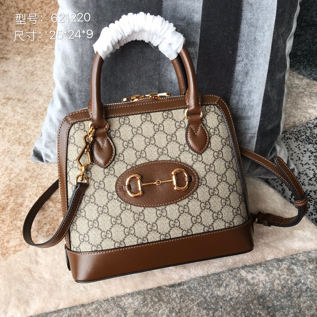 Gucci Horsebit 1955 GG Supreme Small Top Handle Bag - Brown Leather