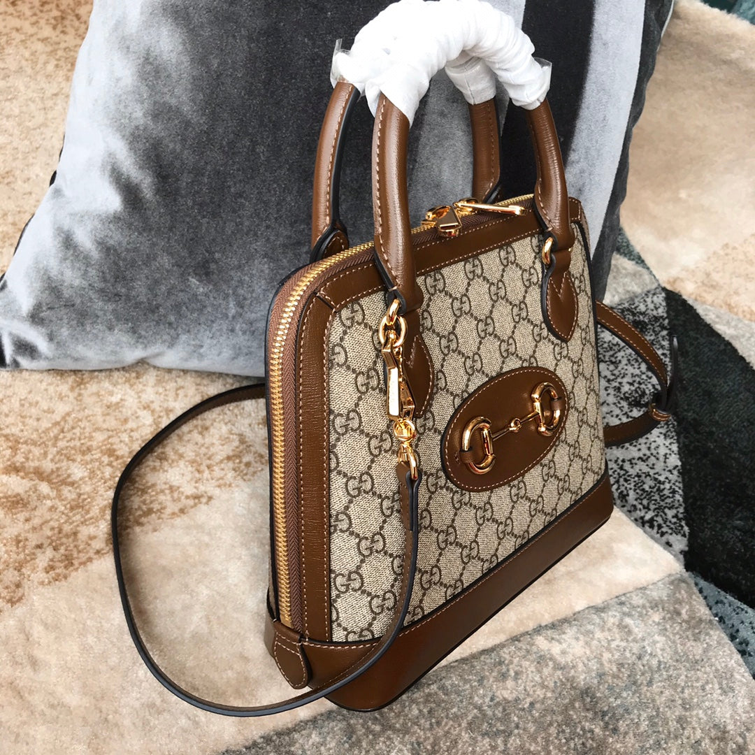 Gucci Horsebit 1955 GG Supreme Small Top Handle Bag - Brown Leather