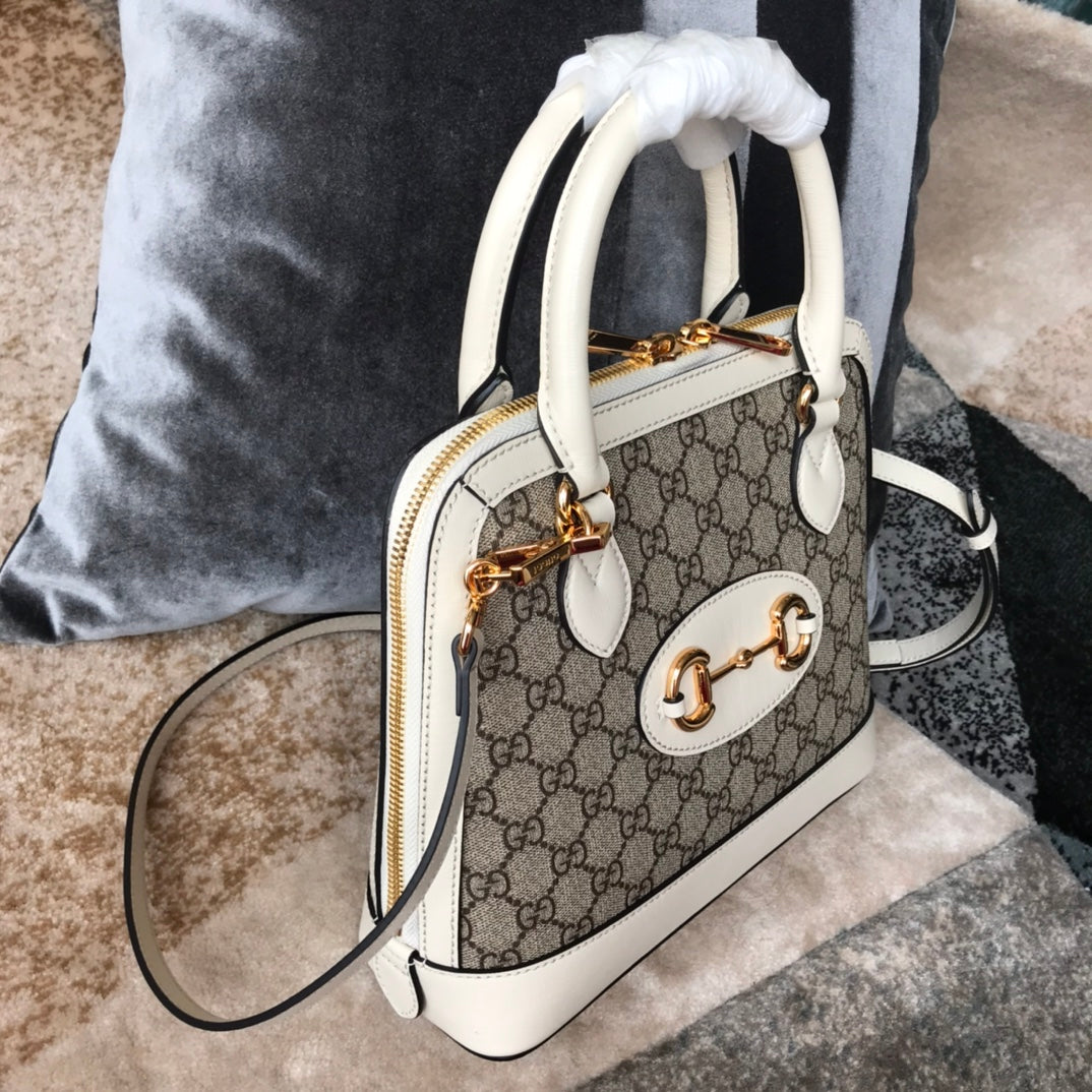 Gucci Horsebit 1955 Small Top Handle Bag - GG Supreme Canvas &amp; White Leather