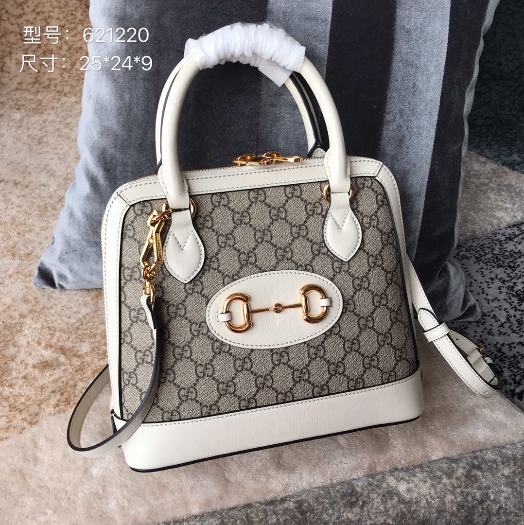 Gucci Horsebit 1955 Small Top Handle Bag - GG Supreme Canvas &amp; White Leather