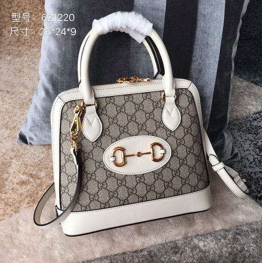 Gucci Horsebit 1955 Small Top Handle Bag - GG Supreme Canvas &amp; White Leather