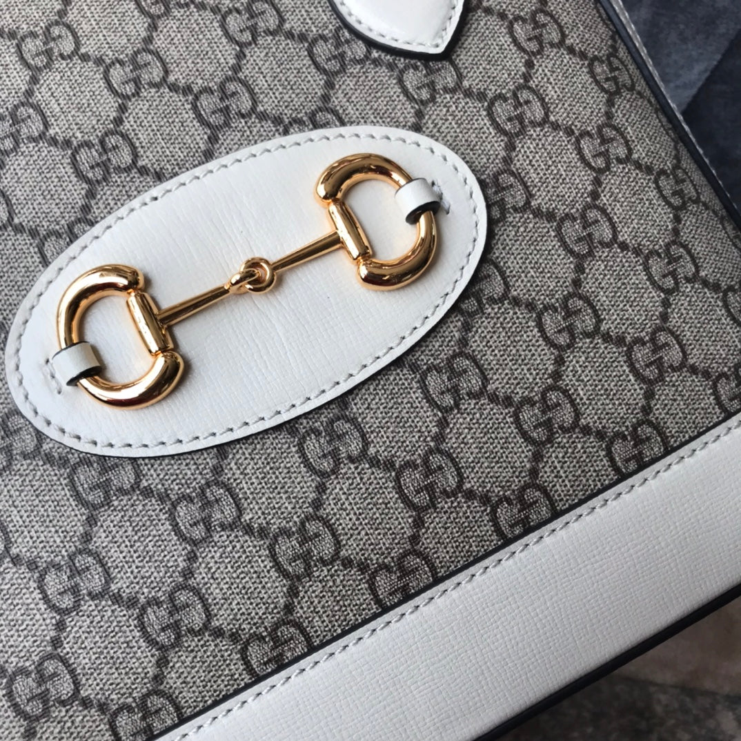 Gucci Horsebit 1955 Small Top Handle Bag - GG Supreme Canvas &amp; White Leather
