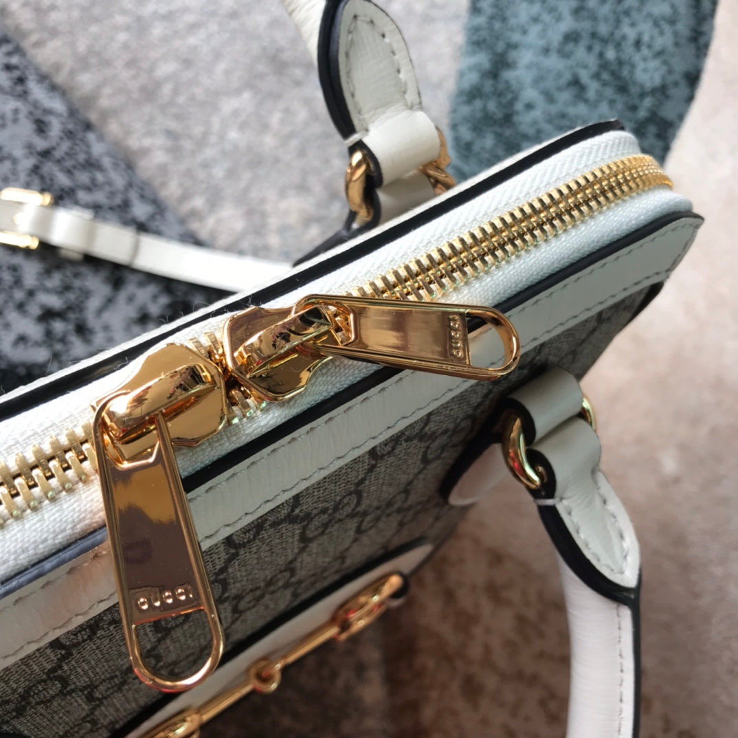 Gucci Horsebit 1955 Small Top Handle Bag - GG Supreme Canvas &amp; White Leather