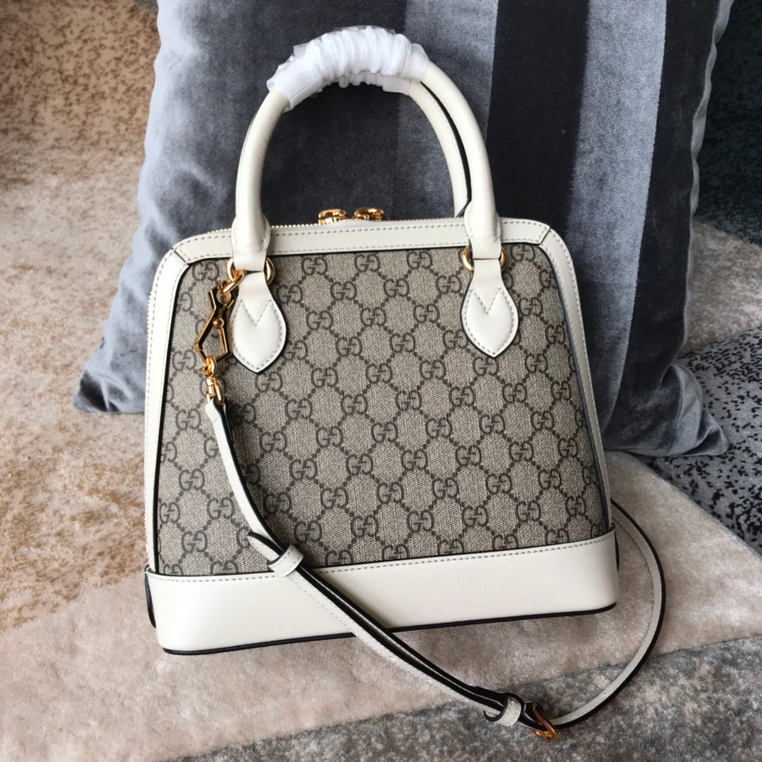Gucci Horsebit 1955 Small Top Handle Bag - GG Supreme Canvas &amp; White Leather