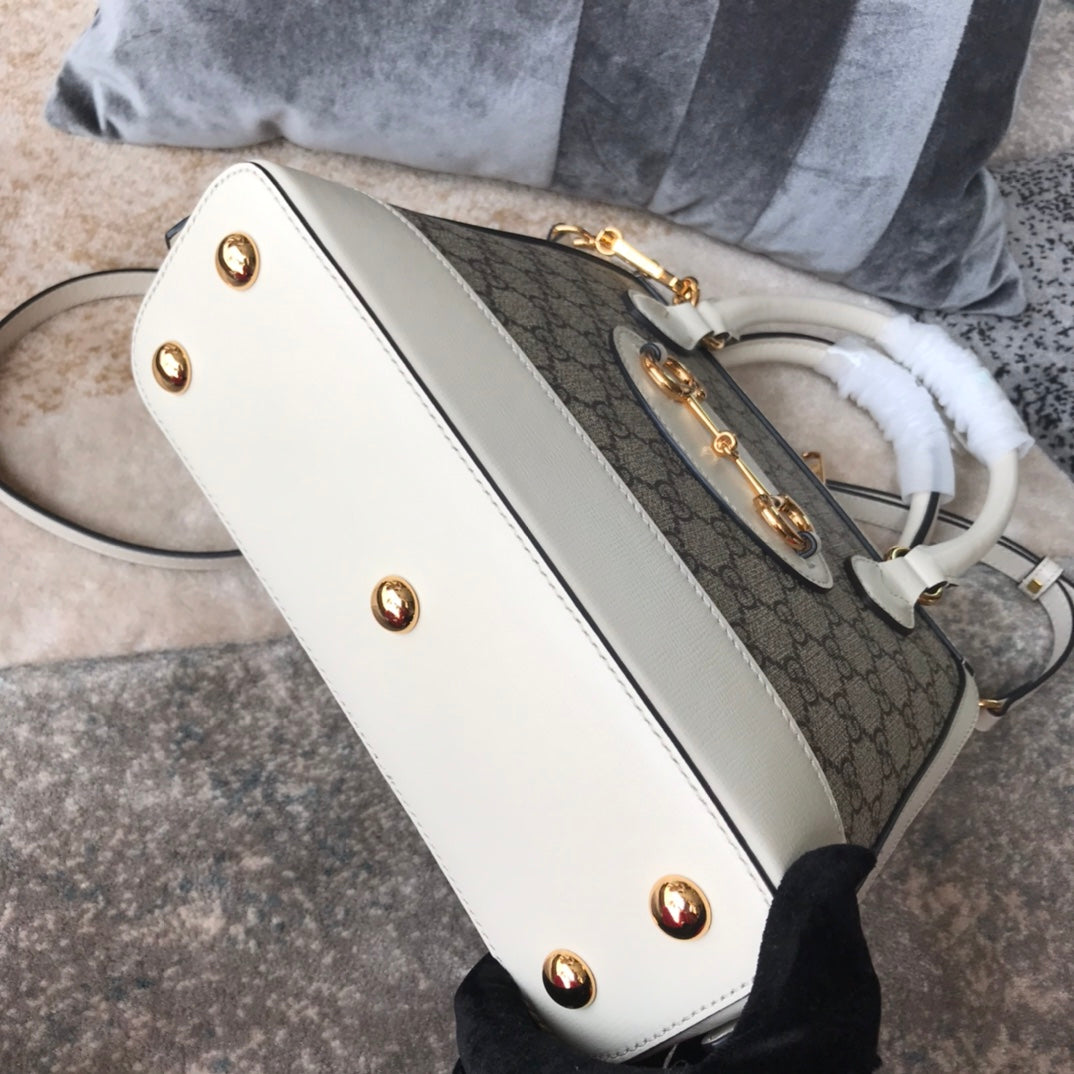 Gucci Horsebit 1955 Small Top Handle Bag - GG Supreme Canvas &amp; White Leather