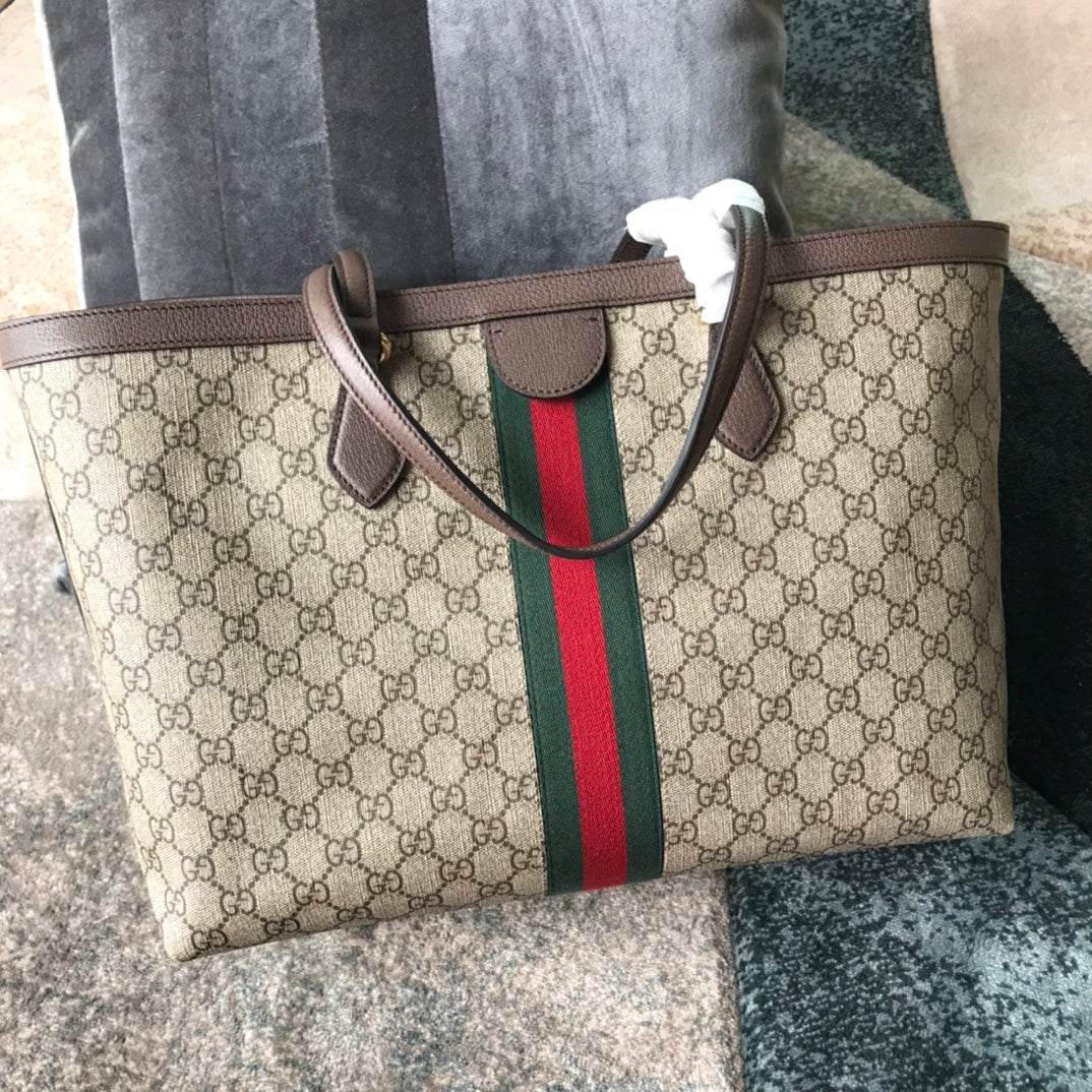 Gucci Ophidia GG Medium Tote Bag with Web Stripe - GG Supreme Canvas