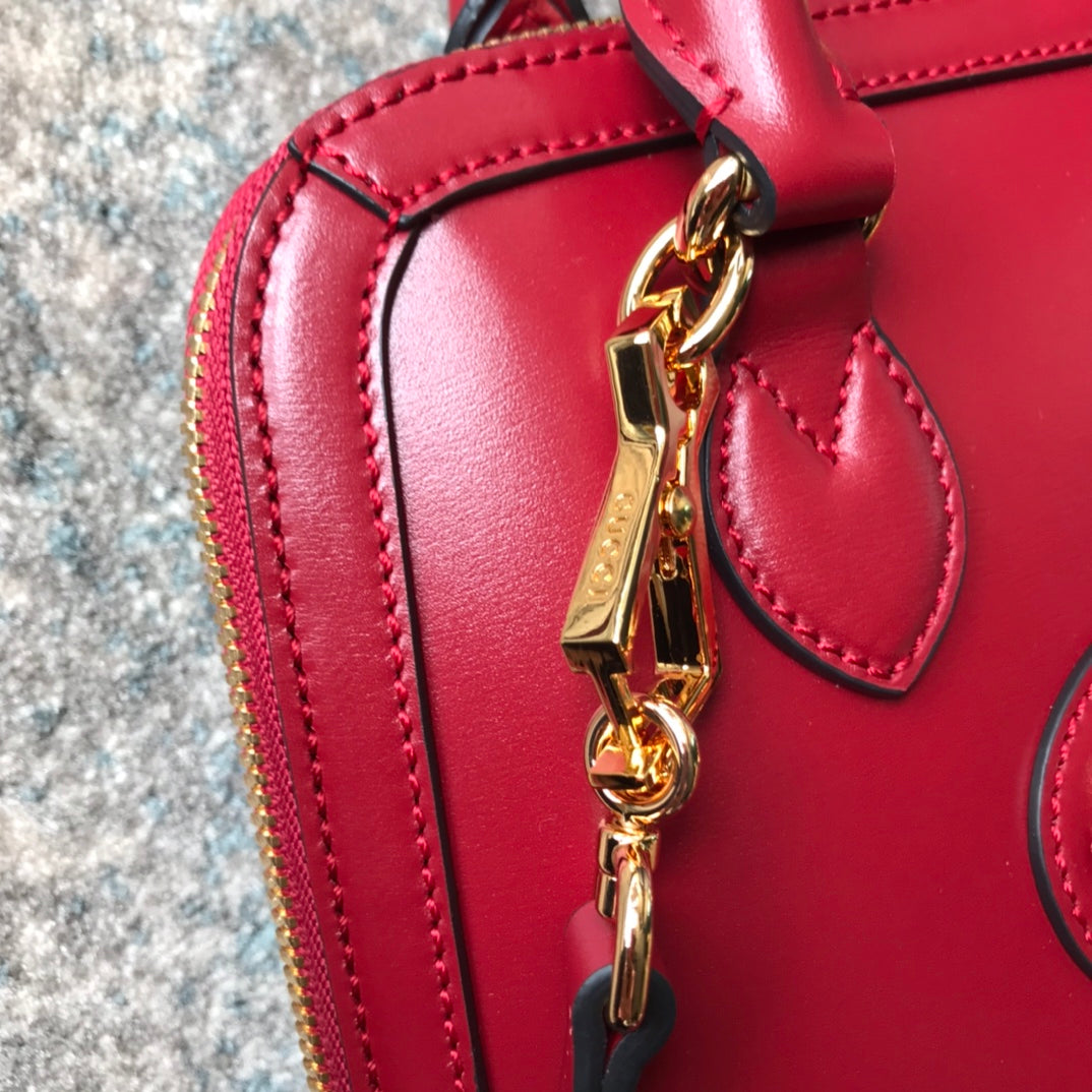 Gucci Classic Red Leather Top Handle Handbag with Gold Horsebit Hardware