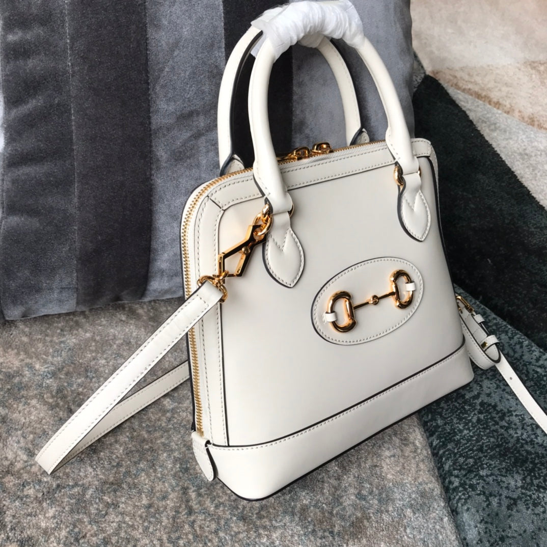 White Leather Horsebit 1955 Small Top Handle Bag - Designer Inspired Dome Satchel