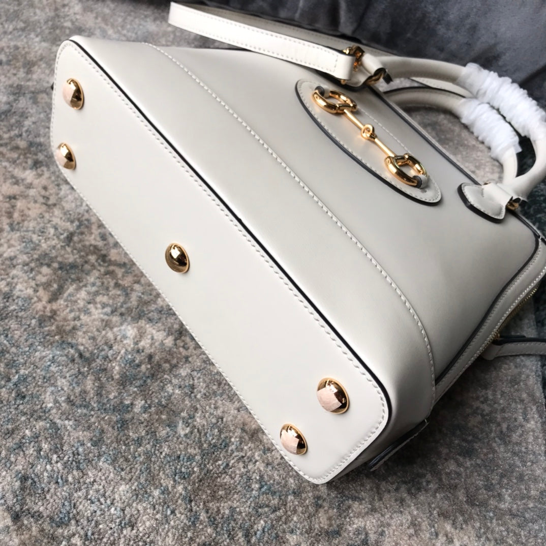 White Leather Horsebit 1955 Small Top Handle Bag - Designer Inspired Dome Satchel