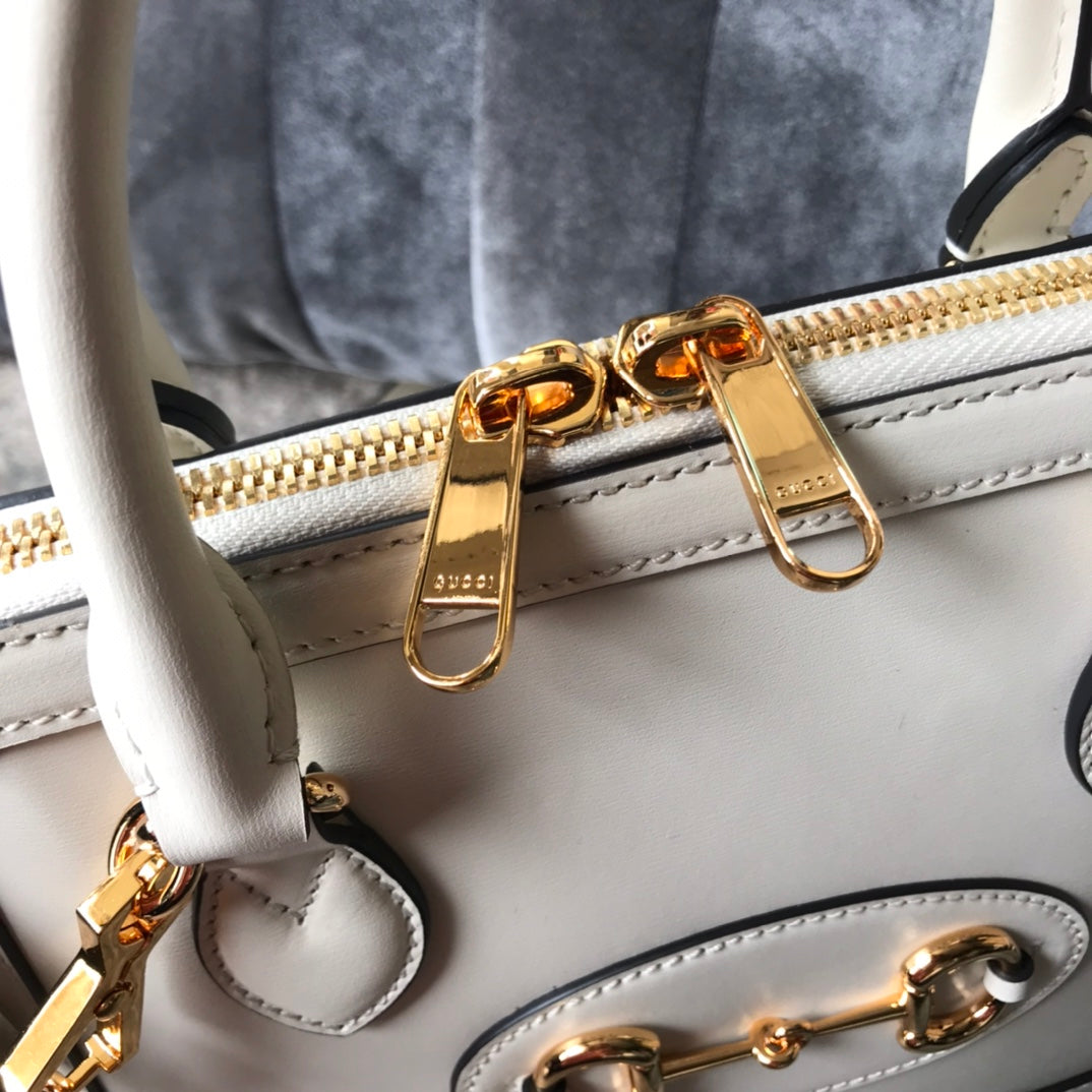 White Leather Horsebit 1955 Small Top Handle Bag - Designer Inspired Dome Satchel