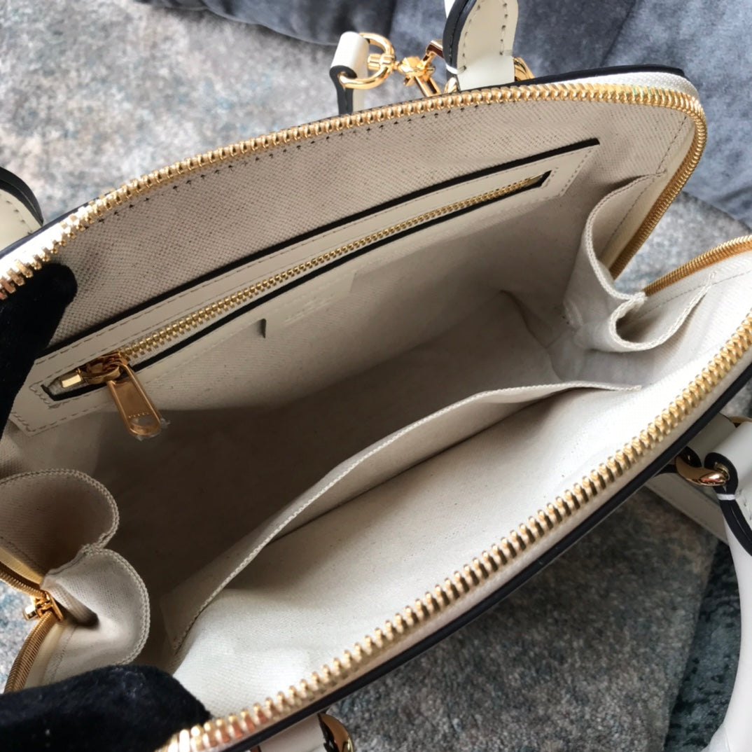 White Leather Horsebit 1955 Small Top Handle Bag - Designer Inspired Dome Satchel