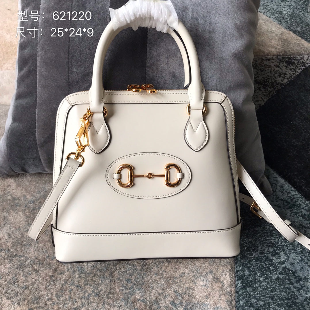 White Leather Horsebit 1955 Small Top Handle Bag - Designer Inspired Dome Satchel