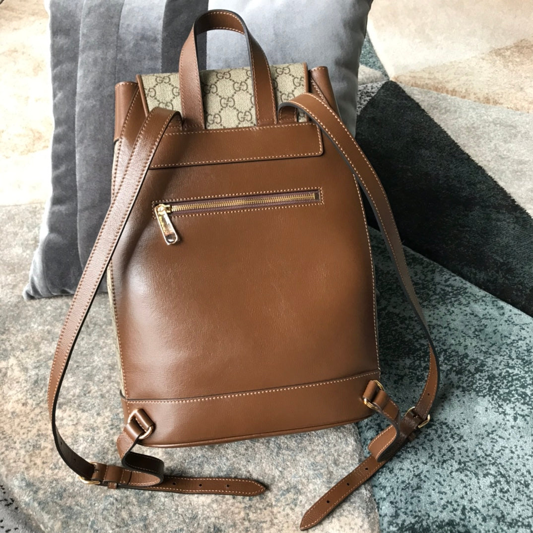 Gucci Vintage Monogram Canvas Backpack with Brown Leather Trim