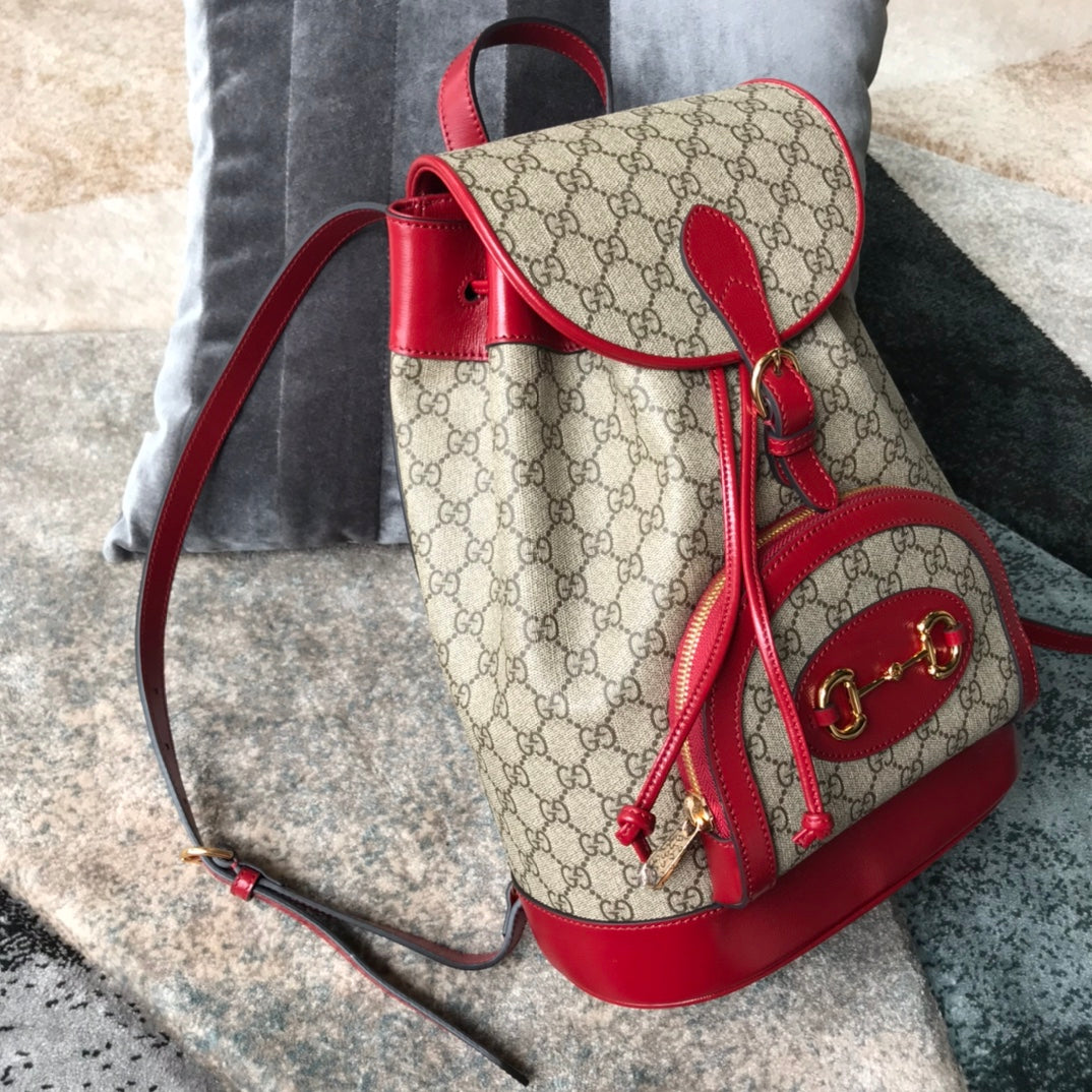 Gucci Horsebit 1955 Backpack GG Supreme Canvas with Red Leather Trim