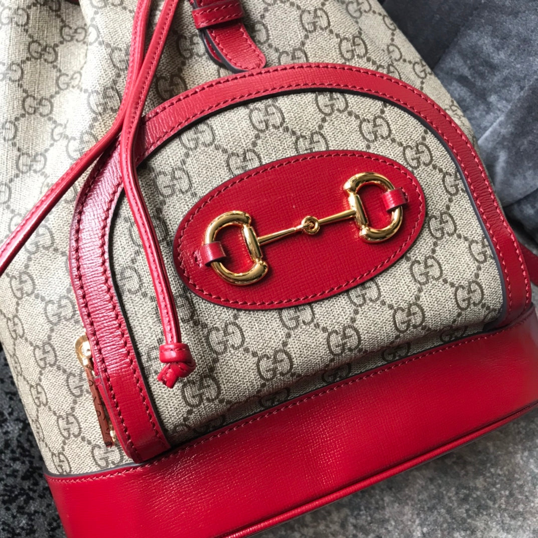 Gucci Vintage Monogram Canvas Backpack with Red Leather Trim and Horsebit
