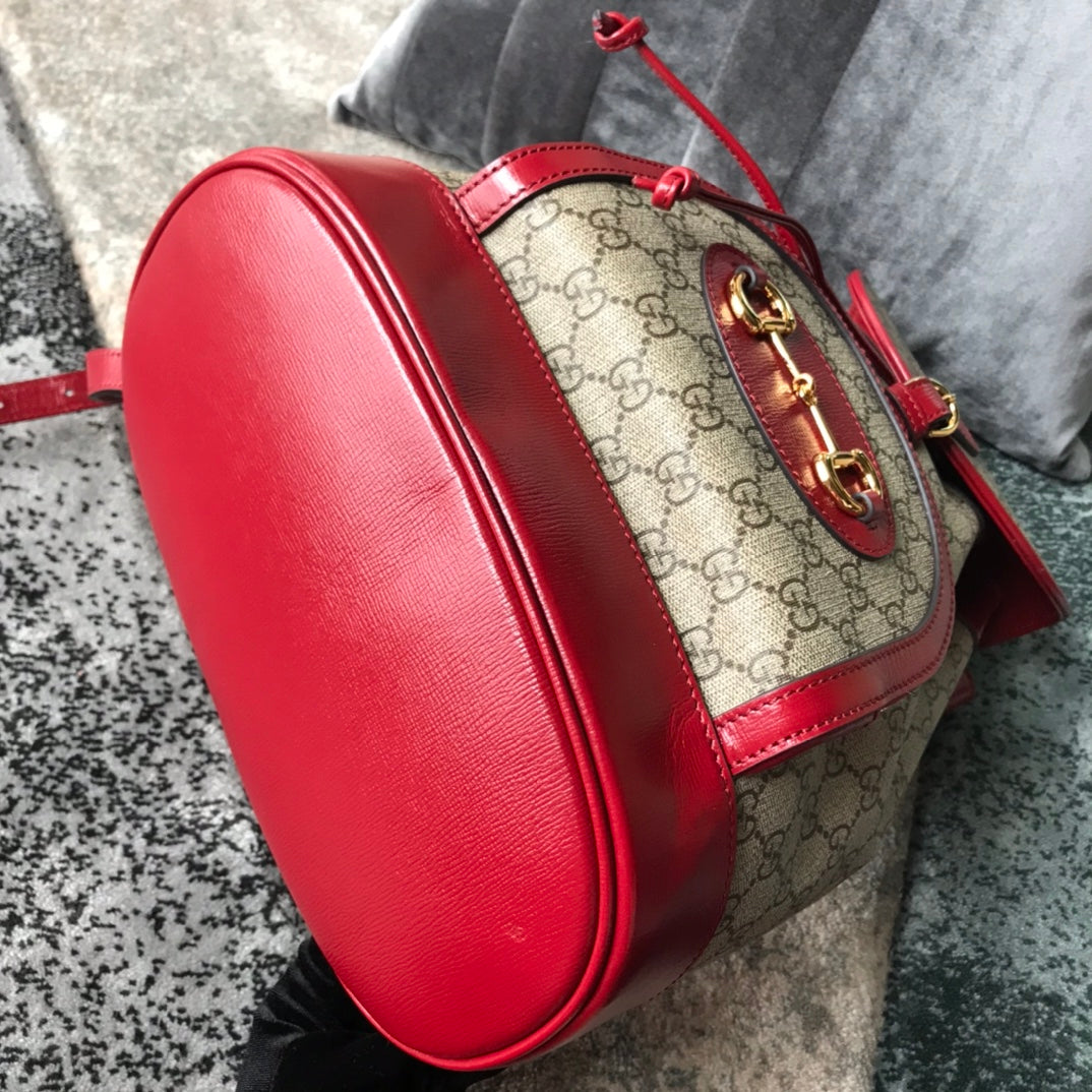 Gucci Vintage Monogram Canvas Backpack with Red Leather Trim and Horsebit