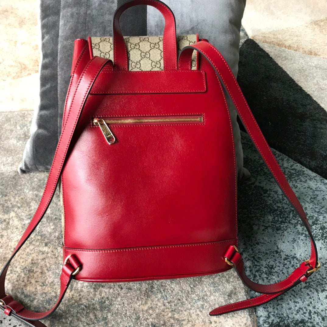 Gucci Horsebit 1955 Backpack GG Supreme Canvas with Red Leather Trim
