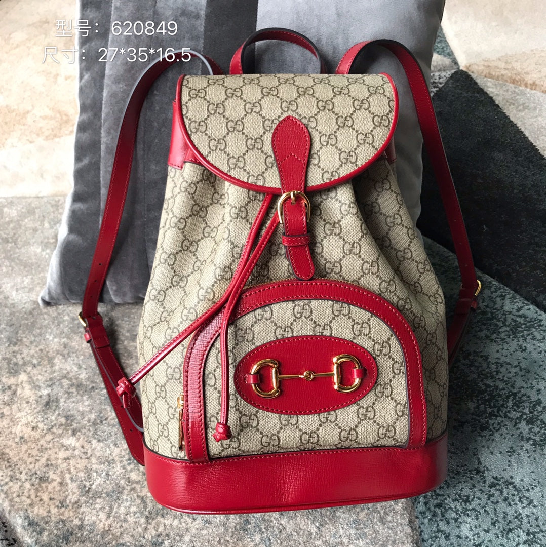 Gucci Horsebit 1955 Backpack GG Supreme Canvas with Red Leather Trim