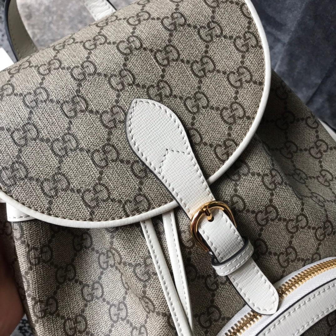 Gucci Horsebit 1955 GG Supreme Canvas Backpack with White Leather Trim