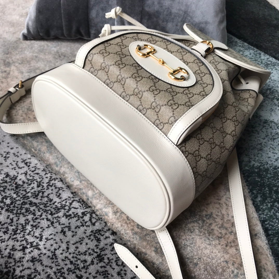 Gucci Horsebit 1955 GG Supreme Canvas Backpack with White Leather Trim