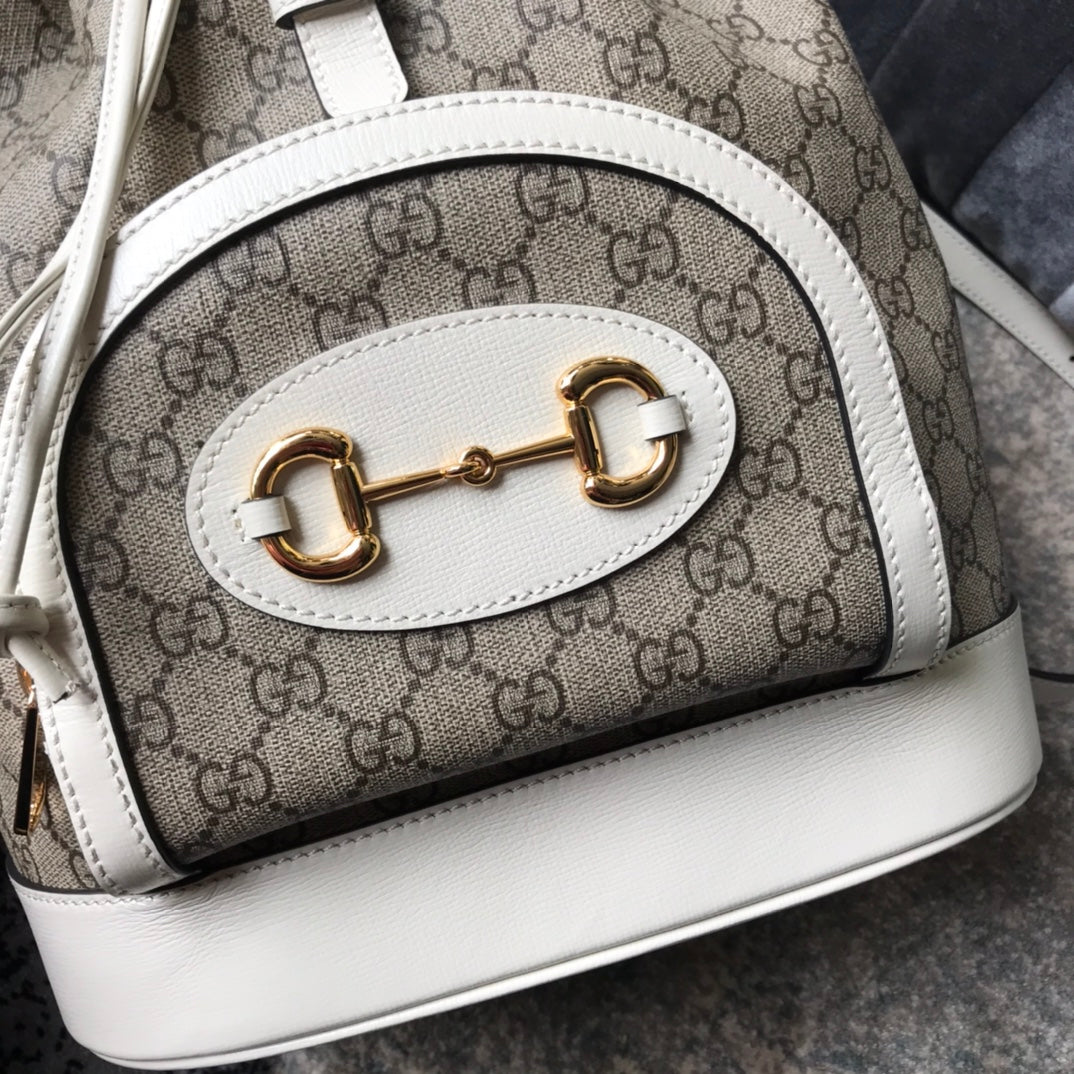Gucci Horsebit 1955 GG Supreme Canvas Backpack with White Leather Trim