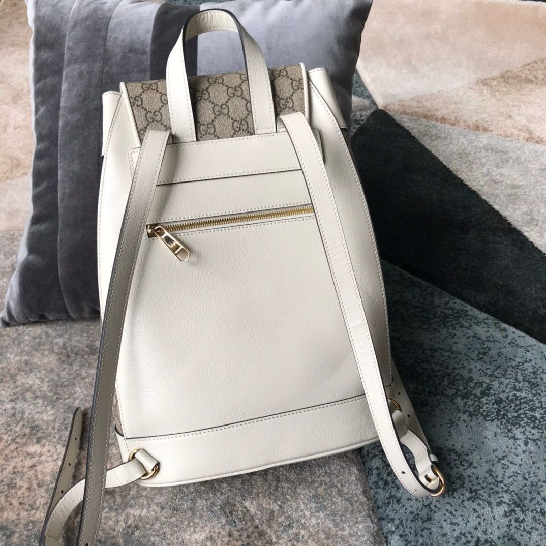 Gucci Vintage Monogram Backpack with White Leather Trim and Horsebit