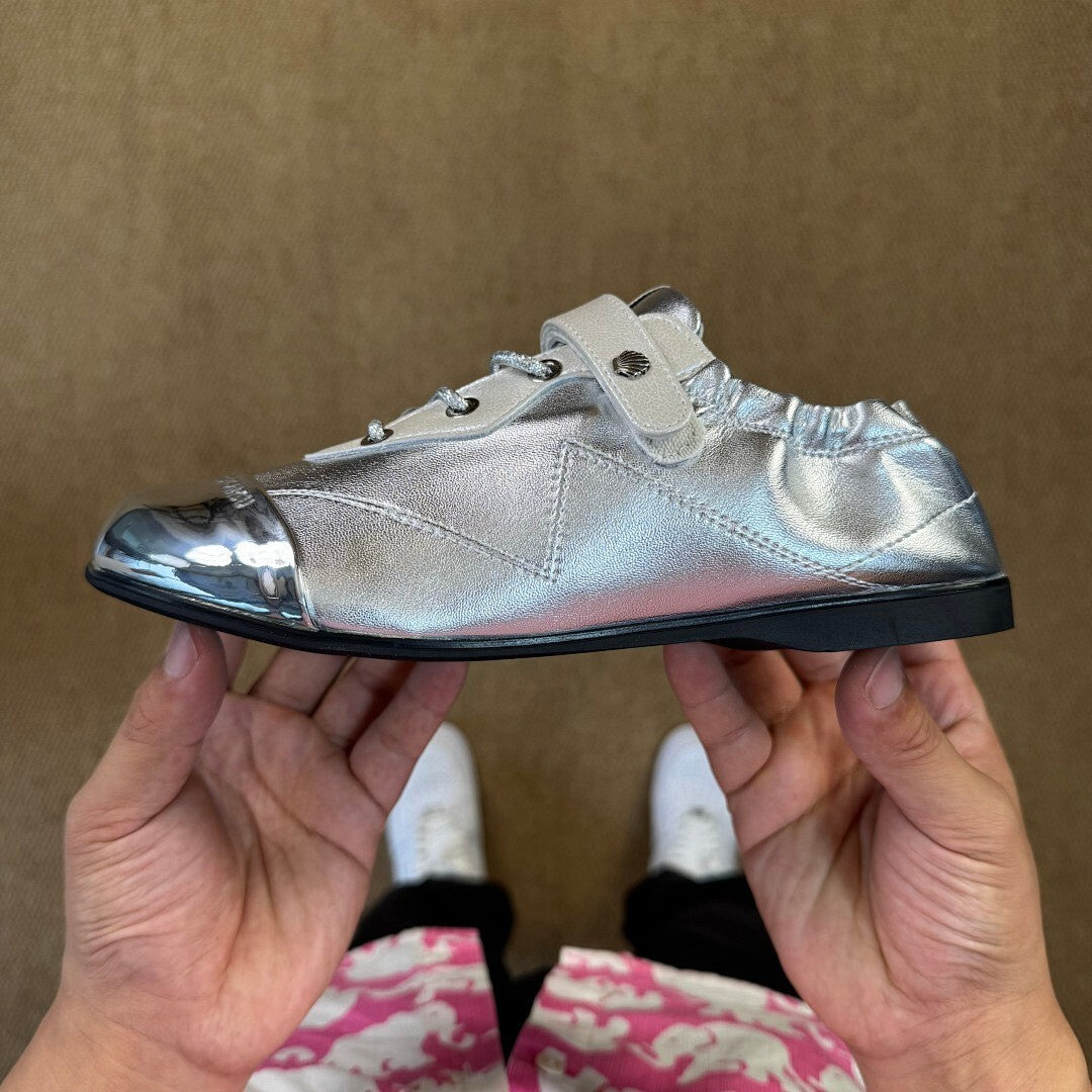 Women's Silver Metallic Flat Shoes with Chrome Toe Cap, Elasticated Heel, and Instep Strap