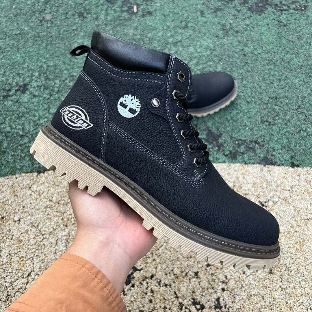 Men's Black Rugged Fashion Ankle Boots Lace-Up Outdoor Style Tan Sole FBK001
