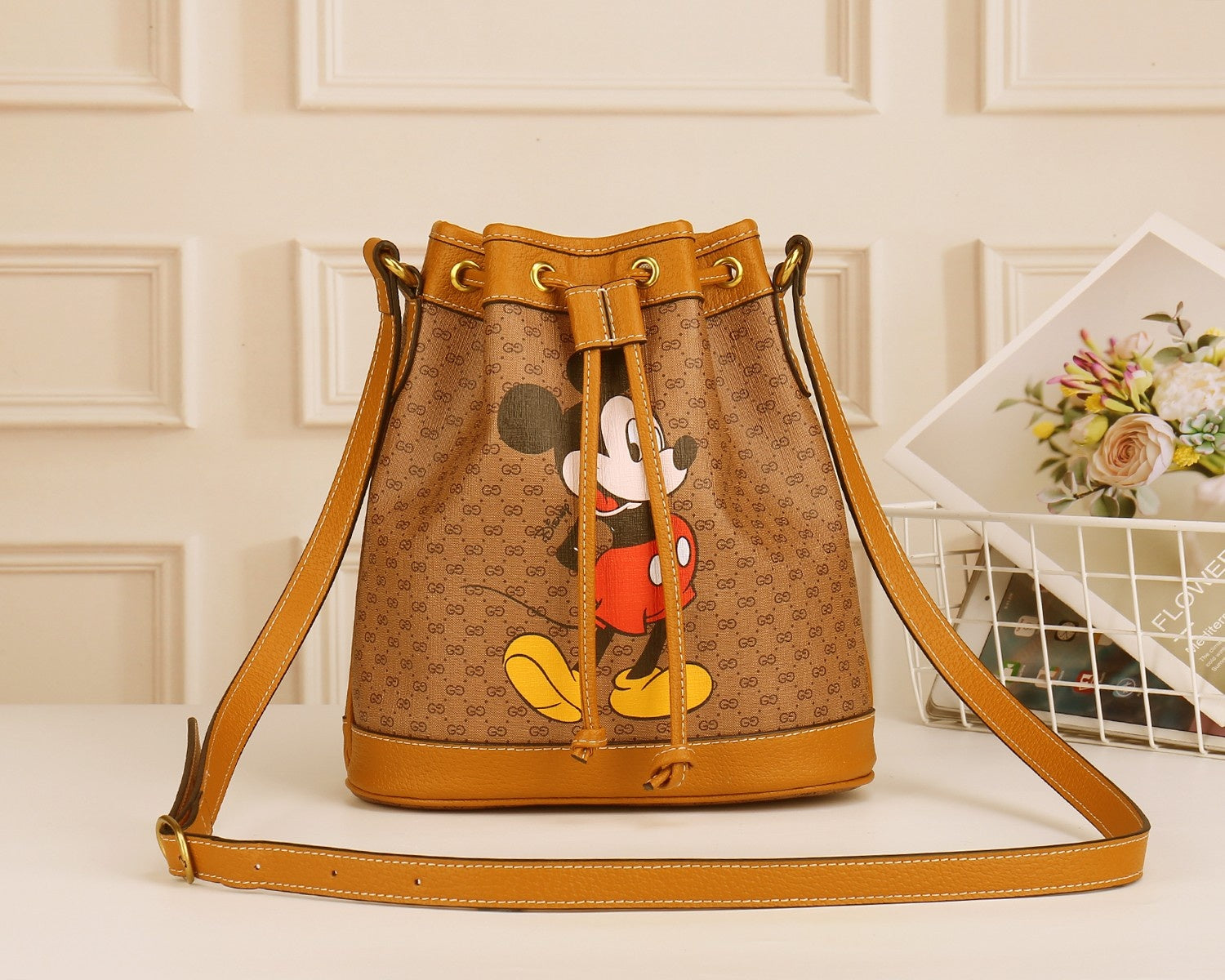 Disney x Gucci Mickey Mouse Monogram Canvas Bucket Bag - Brown