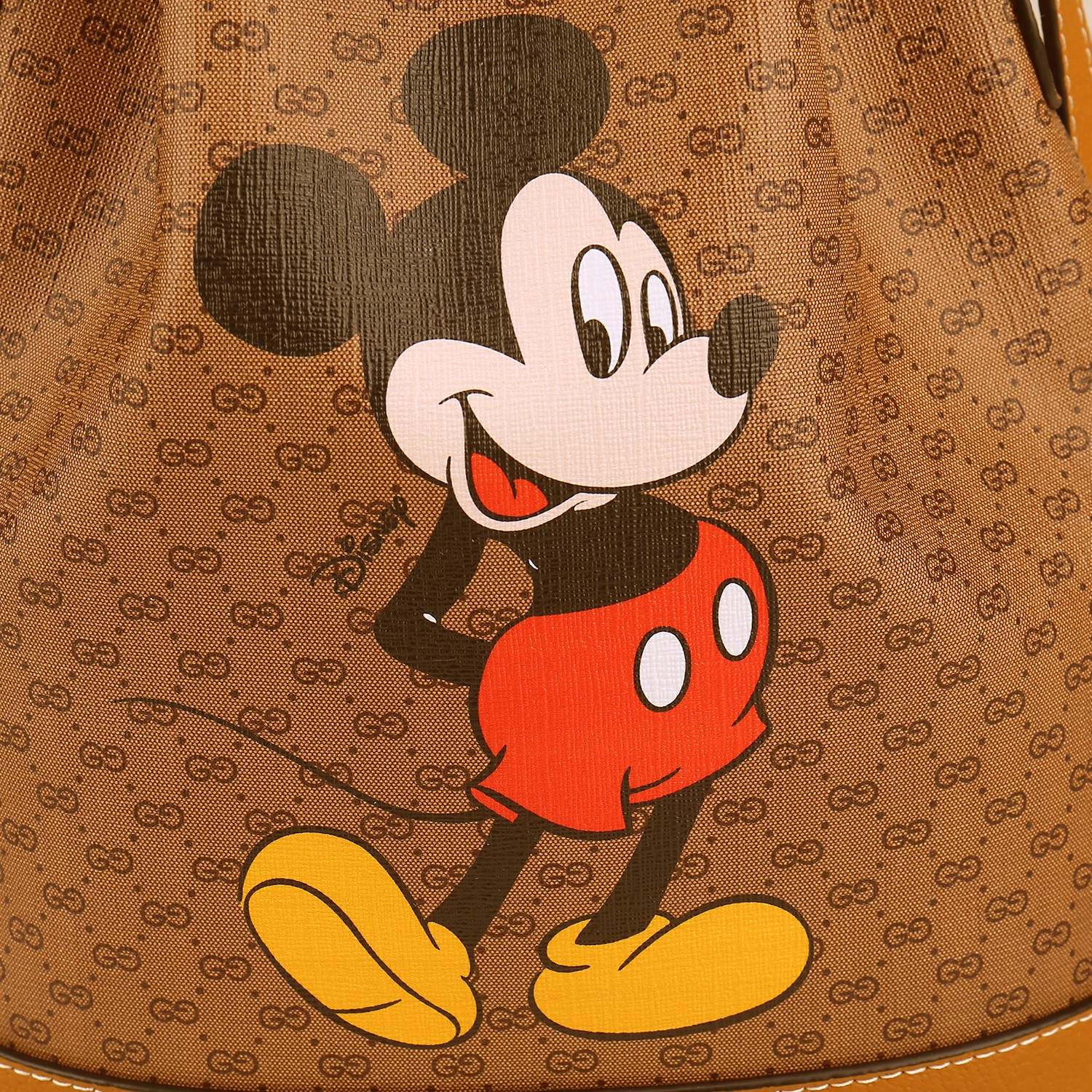 Gucci Vintage Cartoon Mouse Print Monogram Drawstring Shoulder Bucket Bag