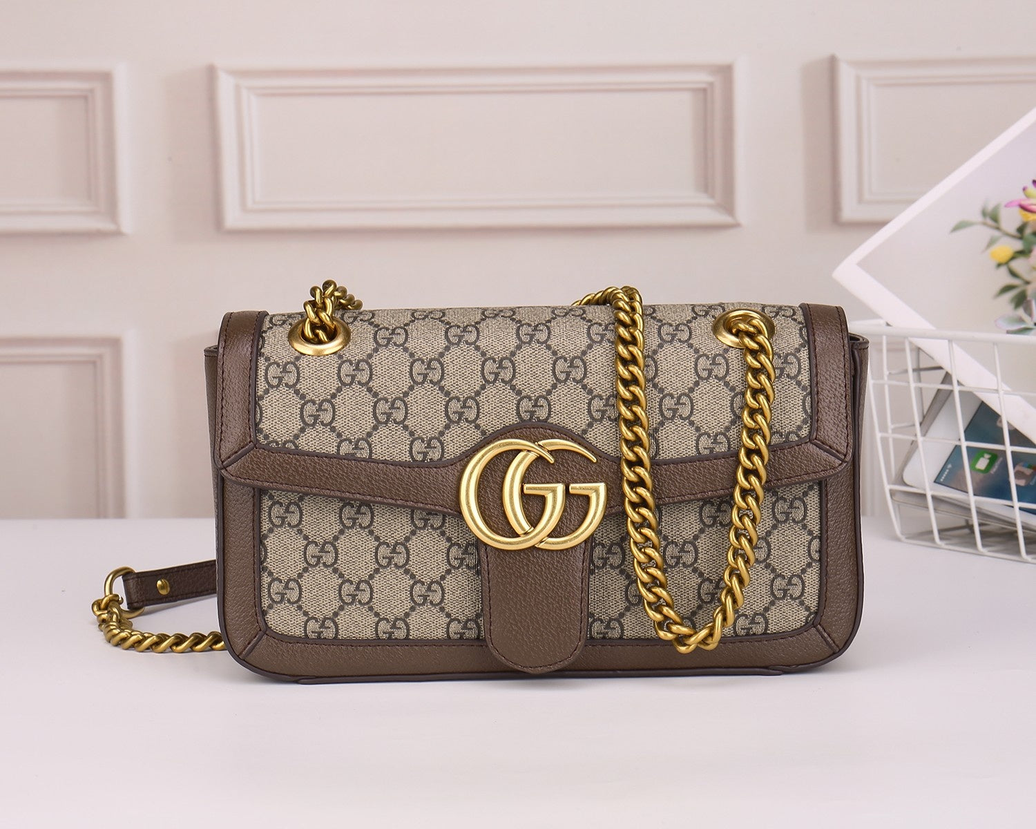 Gucci GG Marmont Small Shoulder Bag in GG Supreme Canvas with Brown Leather