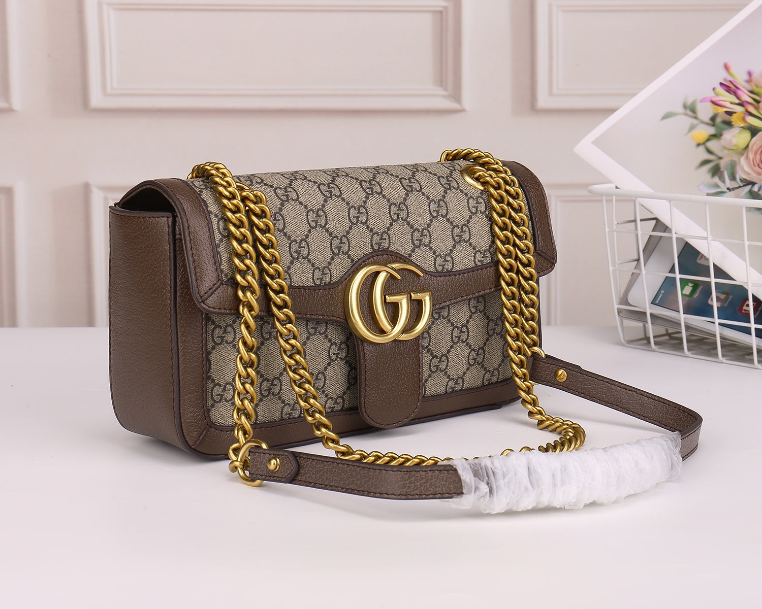 Gucci GG Marmont Small Shoulder Bag in GG Supreme Canvas with Brown Leather